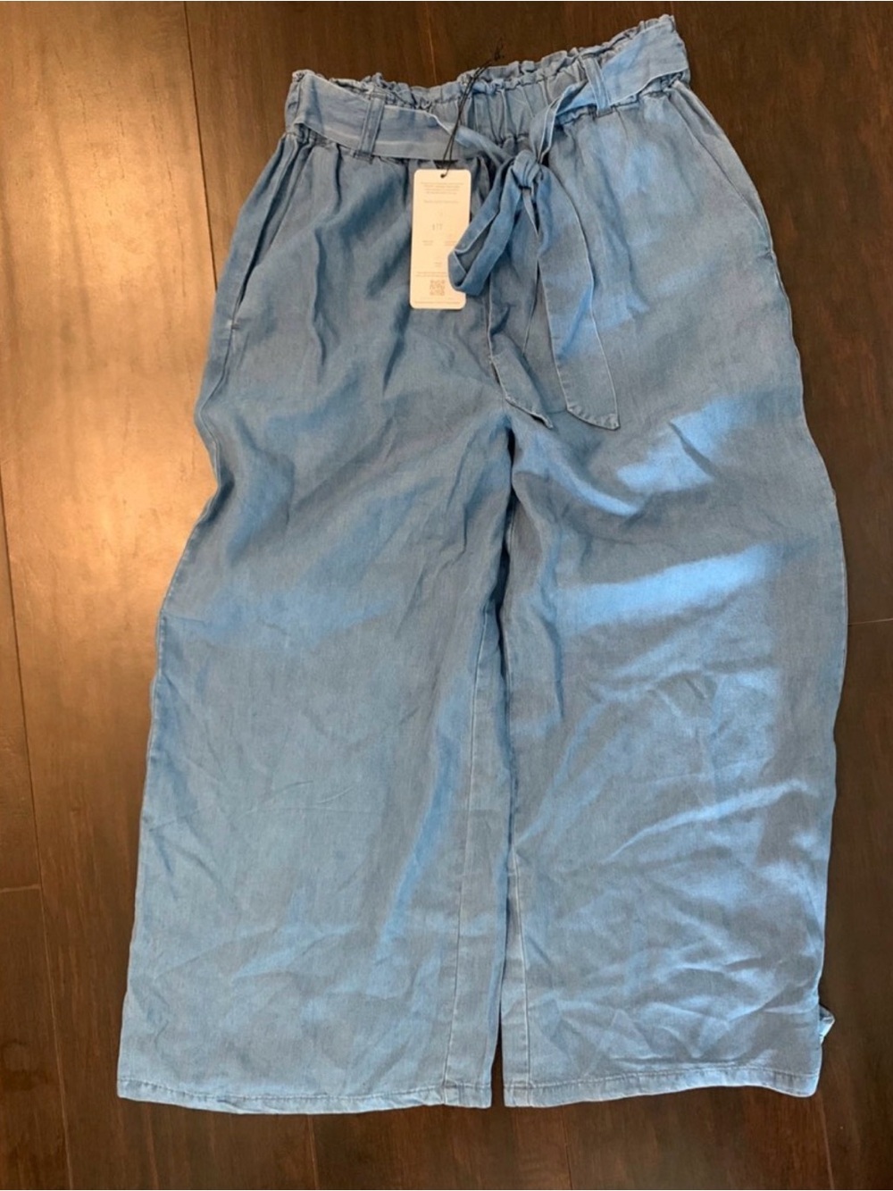 Love Tree Light Blue Paperbag Waist Wide Leg Cropped Pants